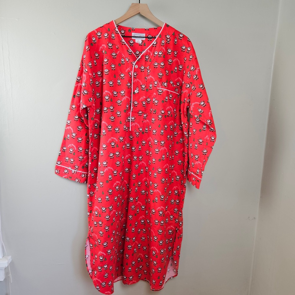 Oscar De La Renta Flannel Nightgown Sz L/XL Red Santa Chirstmas Holiday PJs‎